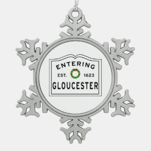 Entering Gloucester Massachusetts Snowflake Pewter Christmas Ornament