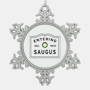 Entering Massachusetts Saugus Snowflake Pewter Christmas Ornament