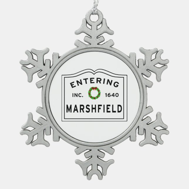 Entering Massachusetts Town Marshfield Snowflake Pewter Christmas Ornament (Front)