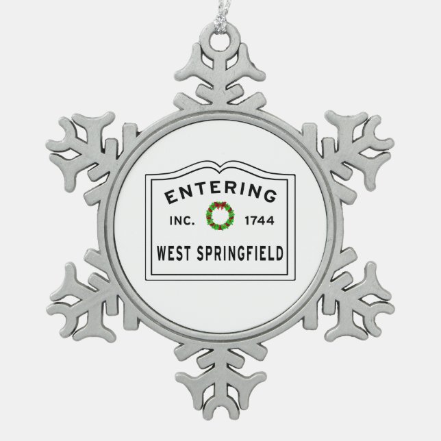 Entering Massachusetts West Springfield Snowflake Pewter Christmas Ornament (Front)