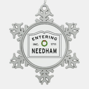Entering Needham Massachusetts Snowflake Pewter Christmas Ornament