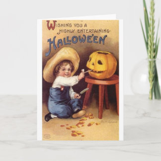 Entertaining Halloween Boy Carving Pumpkin Card