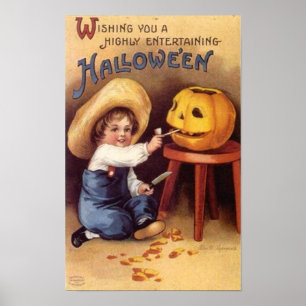 Entertaining Halloween Boy Carving Pumpkin Poster