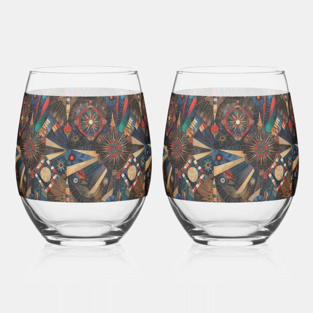 Enthralling Indigo "Ancient Indigenous Chronicles" Stemless Wine Glass (Front)