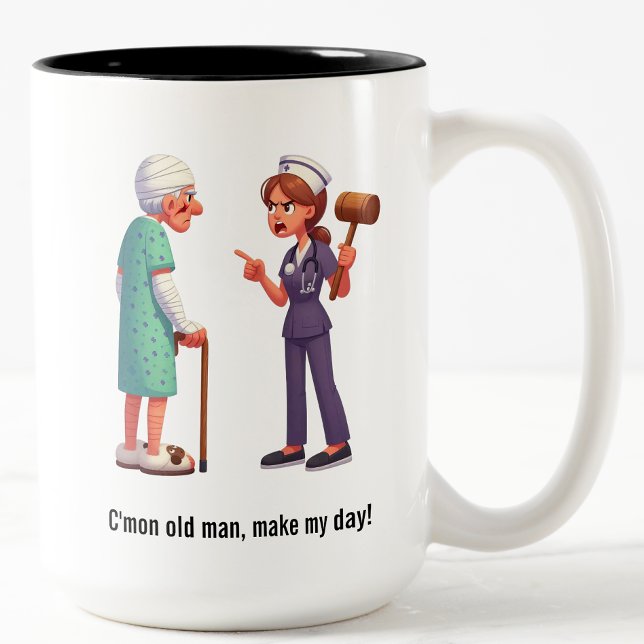 Entitled Elderly Patient Meets Bat-Wielding Nurse Two-Tone Coffee Mug (Creator Uploaded)