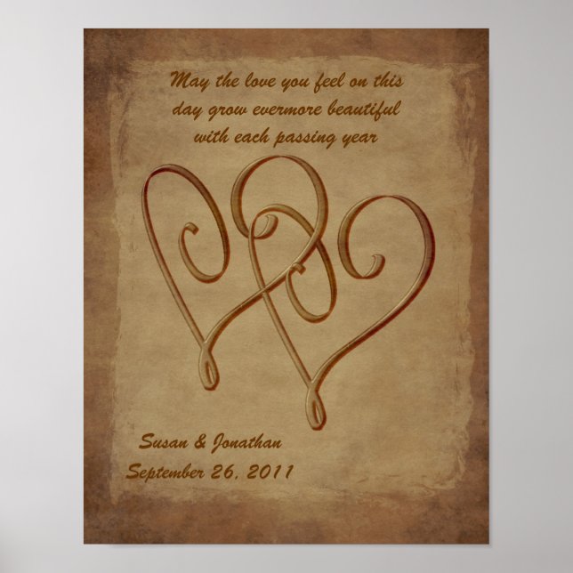 Entwined Hearts Aged Paper Personalized Wedding Poster (Front)