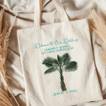 Entwined Palm Trees Wedding Welcome Tote Bag<br><div class="desc">Entwined palm trees wedding welcome tote bag with personalisation. Curved text at the top: "Welcome to our wedding" with location printed in the centre over two entwined palm trees. At the bottom add names of the bride and groom with date of marriage celebration. Use in hotel rooms to welcome travelling...</div>