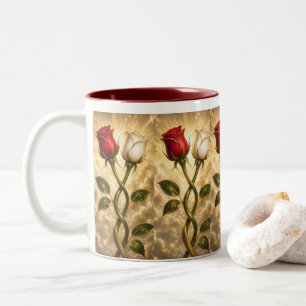 Entwined red and white roses. Two-Tone coffee mug