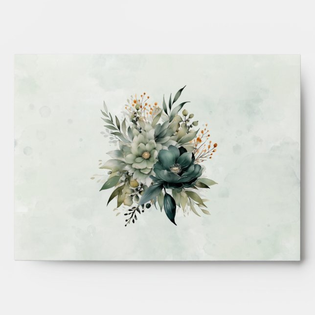 Envelope Blue Green watercolor flower wedding (Front)