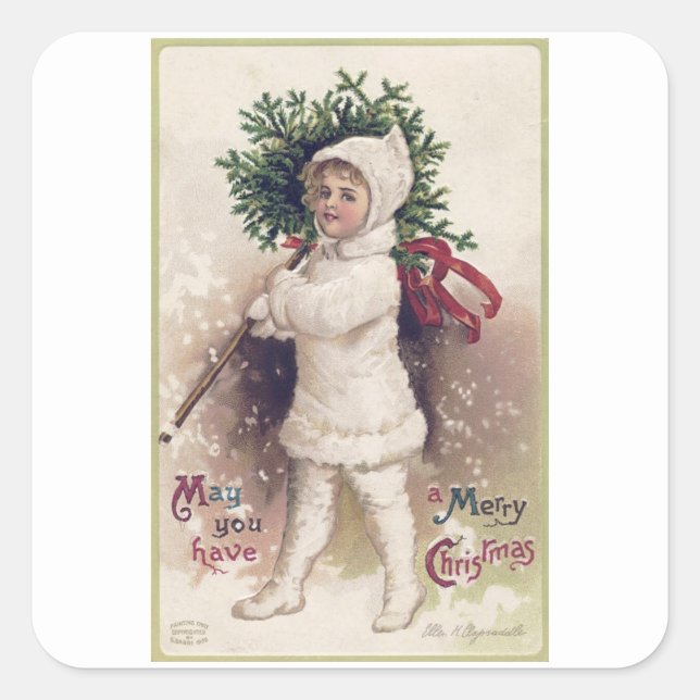 ENVELOPE SEAL : VINTAGE : GIRL + CHRISTMAS TREE (Front)
