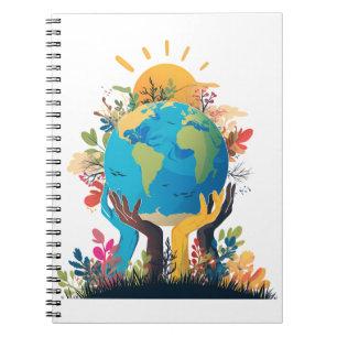 Environment - Earth Illustration with Hand & sun Notebook