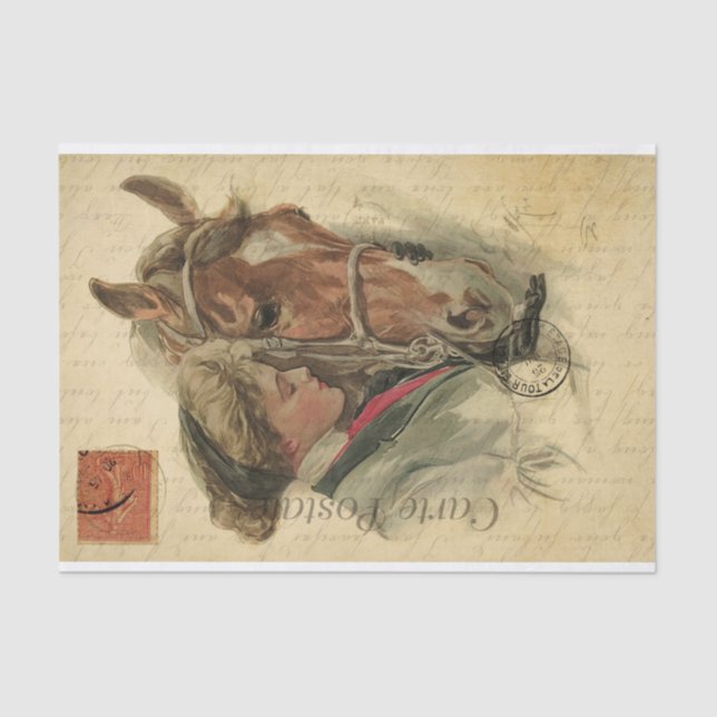 Ephemera Drawing of Lady With Her Horse Decoupage Tissue Paper (Front)
