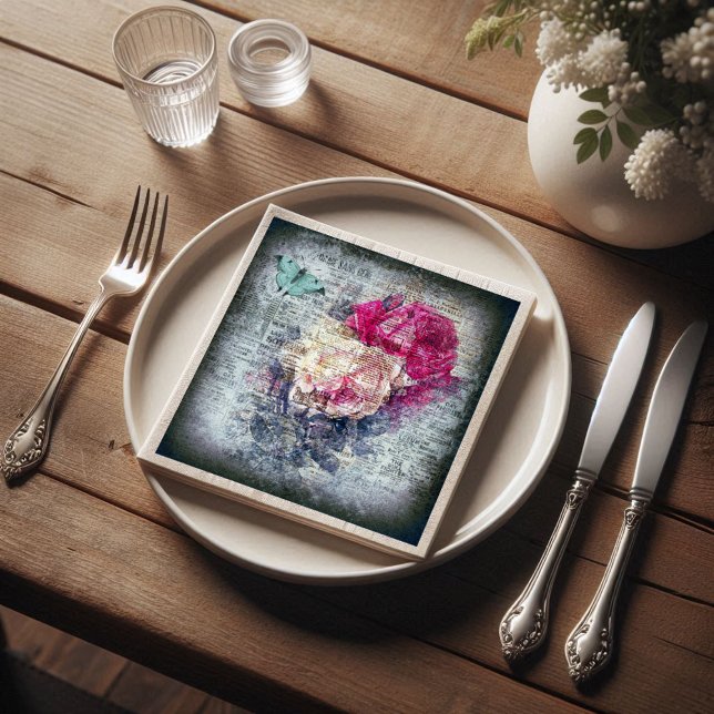 Ephemera Floral Butterfly Newsprint Decoupage Napkin (Creator Uploaded)