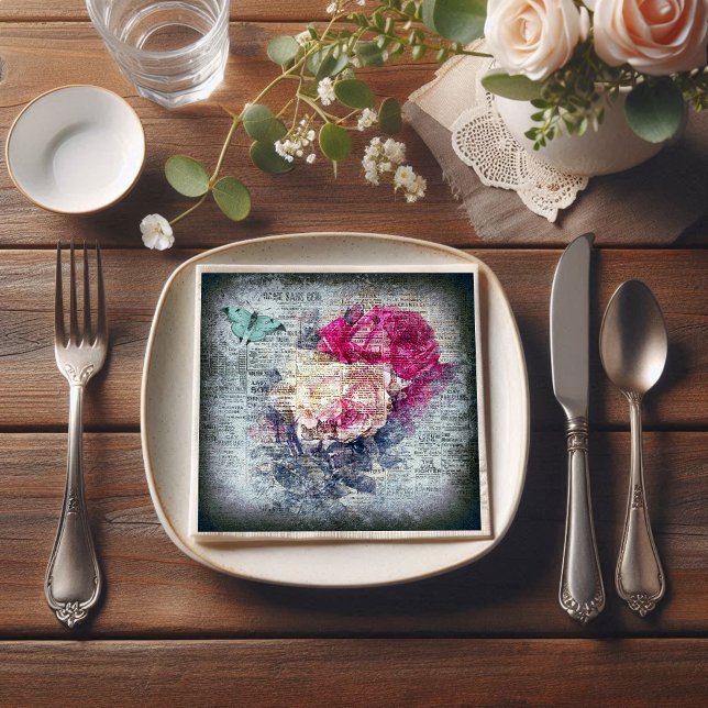 Ephemera Floral Butterfly Newsprint Napkin (Creator Uploaded)