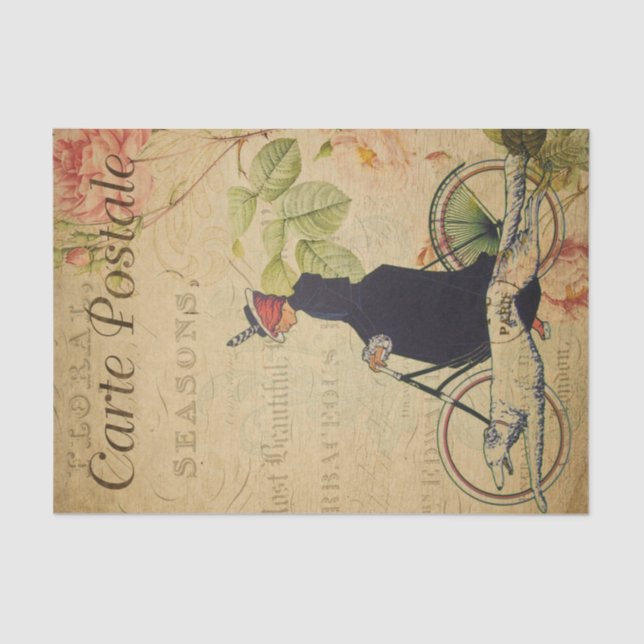 Ephemera French Lady on Bicycle and Dog Decoupage Tissue Paper (Front)