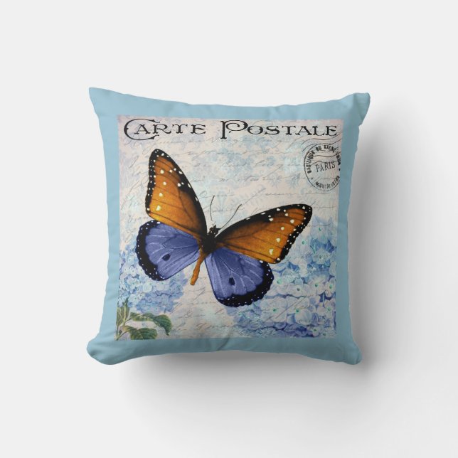 Ephemera French Postcard Butterfly Blue Floral Cushion (Front)