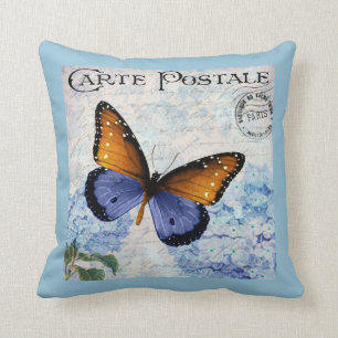 Ephemera French Postcard Butterfly Blue Floral Cushion