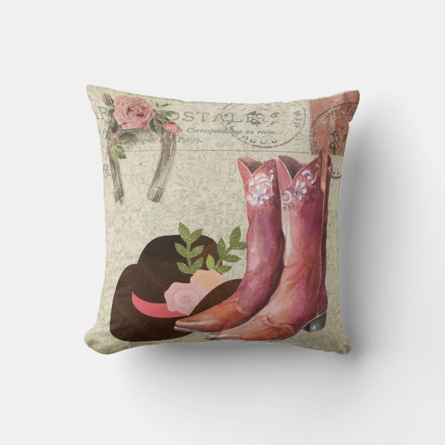 Ephemera French Postcard Cowboy Boots Hat Floral Cushion (Front)