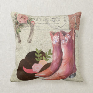 Ephemera French Postcard Cowboy Boots Hat Floral Cushion
