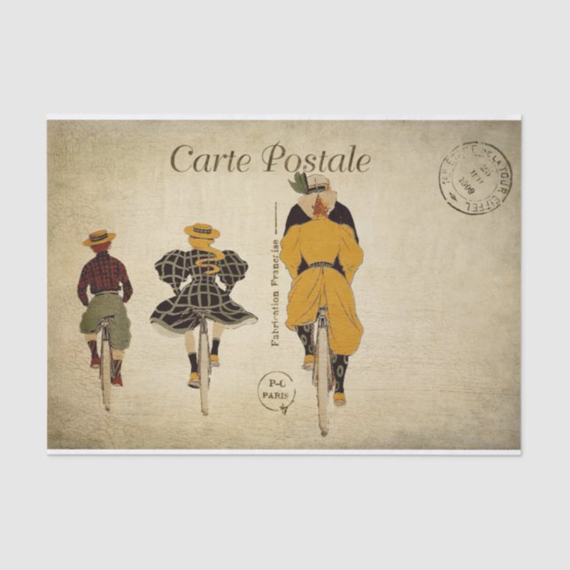 Ephemera French Postcard Family Cycling Decoupage Tissue Paper (Front)