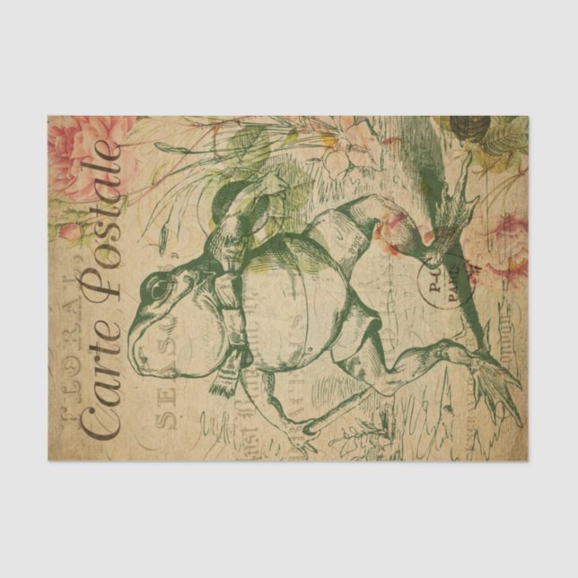 Ephemera French Postcard Frog Floral Decoupage Tissue Paper (Front)