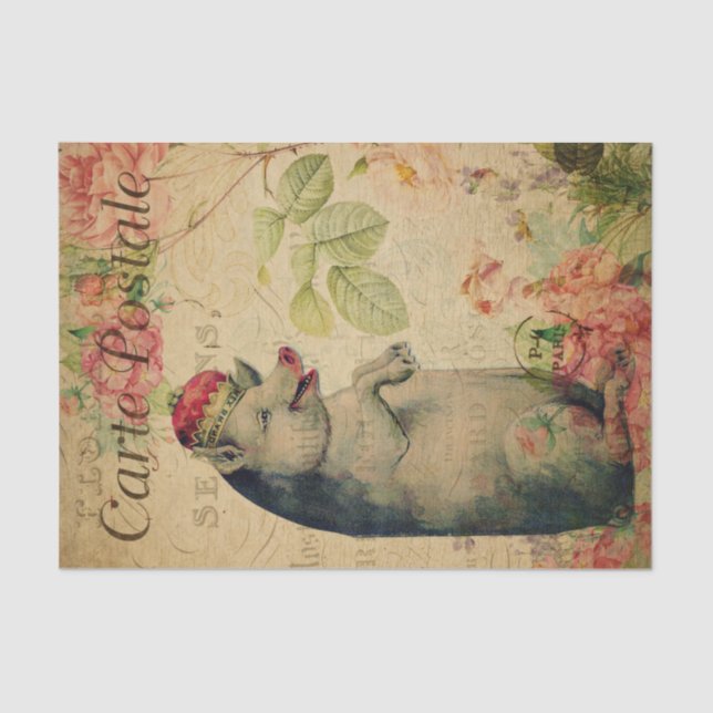 Ephemera French Postcard Pig With Crown Decoupage Tissue Paper (Front)