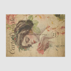 Ephemera French Postcard Woman with Rose Decoupage Tissue Paper