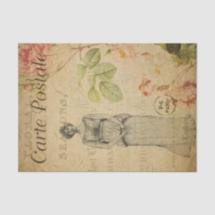 Ephemera French Woman Pink Roses Floral Decoupage Tissue Paper