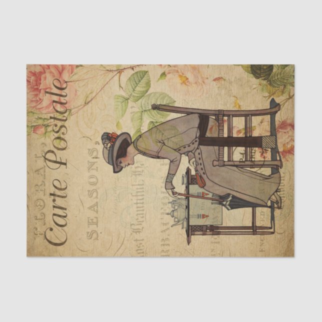 Ephemera French Woman Taking Tea Floral Decoupage Tissue Paper (Front)