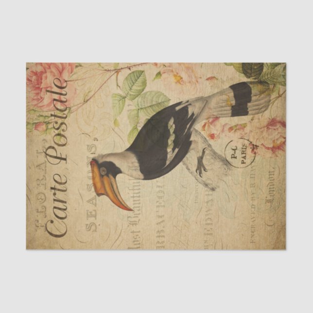 Ephemera Great Hornbill Bird Pink Roses Decoupage Tissue Paper (Front)