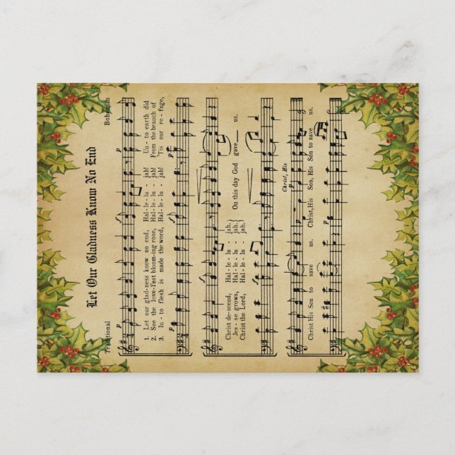 Ephemera Let Our Gladness Know No End Carol Script Holiday Postcard (Front)