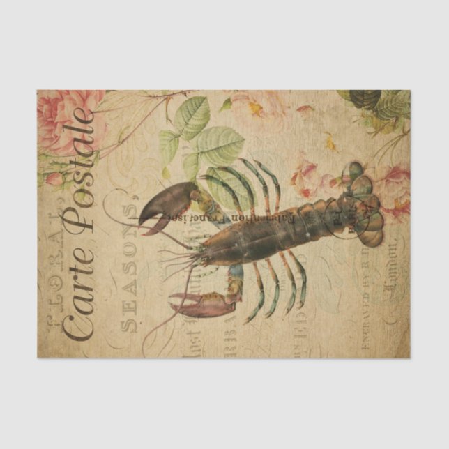 Ephemera Lobster Painting Pink Roses Decoupage Tissue Paper (Front)