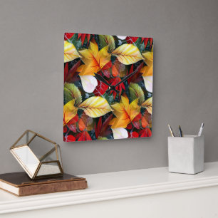 Ephemeral Autumn Foliage in Watercolor Vivid Bold Square Wall Clock