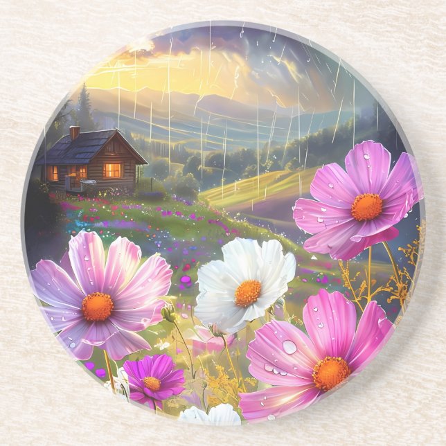 Ephemeral Bloom: A Symphony of Rain and Light Coaster (Front)