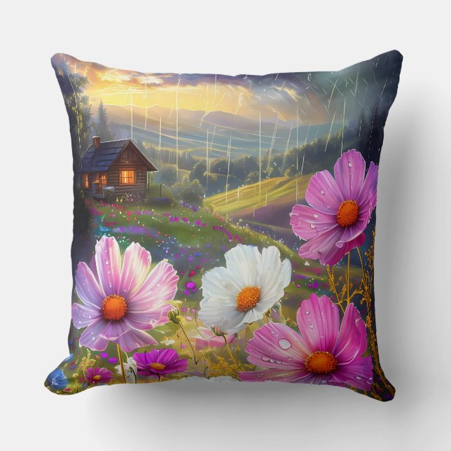 Ephemeral Bloom: A Symphony of Rain and Light Cushion (Front)