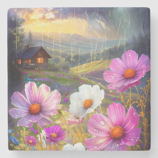 Ephemeral Bloom: A Symphony of Rain and Light Stone Coaster (Front)