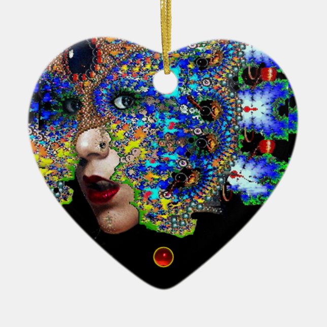 EPHEMERAL , Red Ruby , Blue Sapphire Heart Ceramic Tree Decoration (Front)