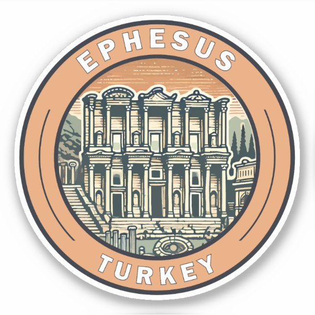 Ephesus Turkey Illustration Travel Art Badge (Front)