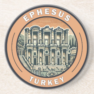Ephesus Turkey Illustration Travel Art Badge Coaster