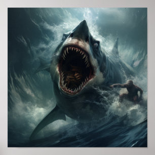 Epic Battle: Megalodon vs. T-Rex - Jaw-Dropping Po Poster