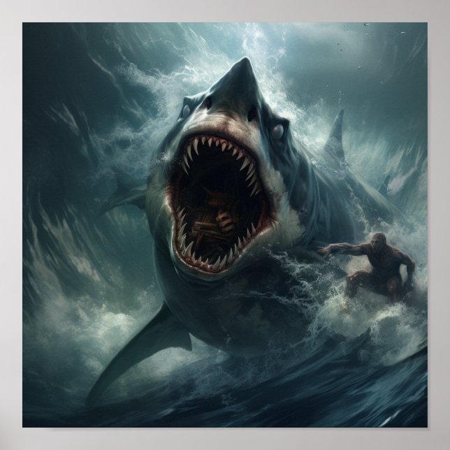 Epic Battle: Megalodon vs. T-Rex - Jaw-Dropping Po Poster (Front)