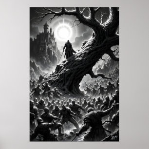 Epic battle scene with medieval warriors under poster