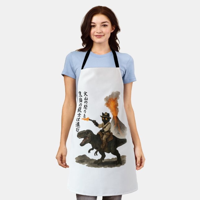 Epic Black Cat Cowboy Riding Dinosaur with Volcano Apron (Worn)