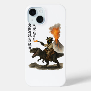 Epic Black Cat Cowboy Riding Dinosaur with Volcano iPhone 15 Case
