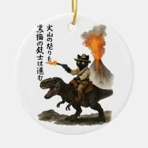 Epic Black Cat Cowboy Riding Dinosaur with Volcano Ceramic Ornament