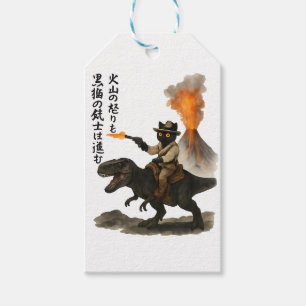 Epic Black Cat Cowboy Riding Dinosaur with Volcano Gift Tags