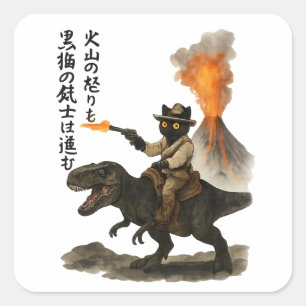 Epic Black Cat Cowboy Riding Dinosaur with Volcano Square Sticker