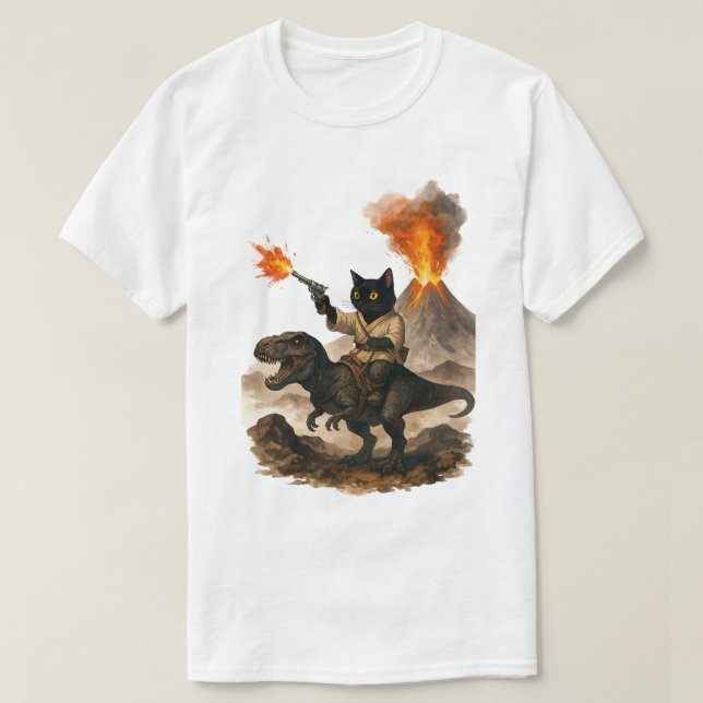 Epic Black Cat Cowboy Riding Dinosaur with Volcano T-Shirt (Design Front)