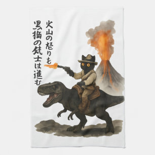 Epic Black Cat Cowboy Riding Dinosaur with Volcano Tea Towel