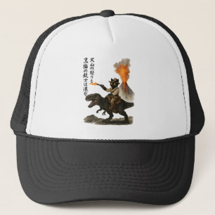Epic Black Cat Cowboy Riding Dinosaur with Volcano Trucker Hat